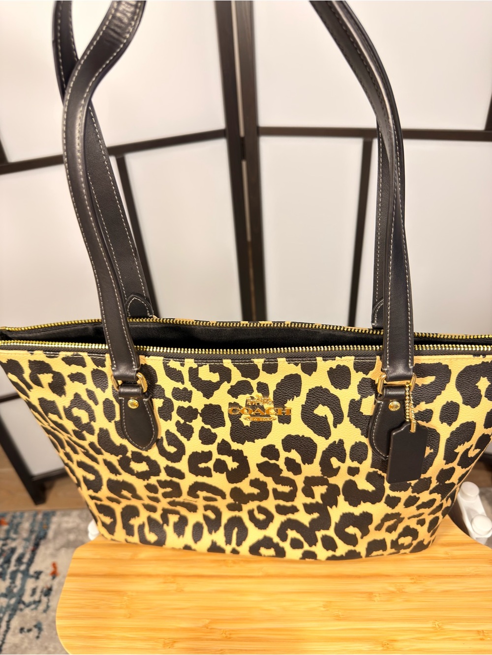 Coach Yellow and Black Leopard-Print Tote with Black Leather Straps